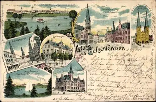 Litho Gelsenkirchen Ruhrgebiet, Neumarkt, Post, Amtsgericht, Kirche, Rathaus, Kaiser Wilhelm Garten