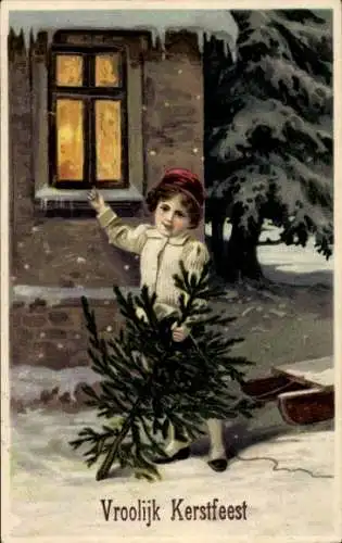 Präge Litho Glückwunsch Weihnachten, Kind mit Tannenbaum vor einem Haus