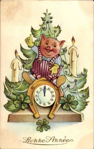 Ak Frohes Neujahr, Schwein, Uhr, Hufeisen, Klee, Tannenbaum