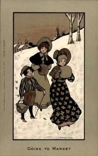 Künstler Litho Parkinson, Ethel, Frauen und Junge, Winterlandschaft