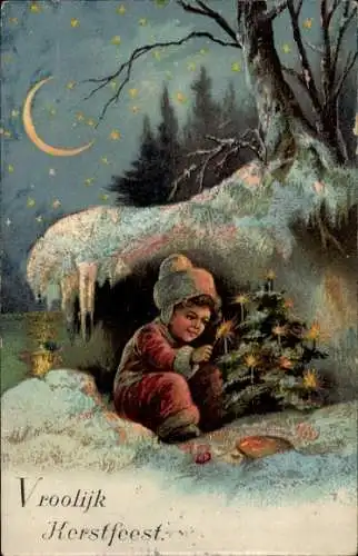 Litho Glückwunsch Weihnachten, Kind, Tannenbaum, Mond