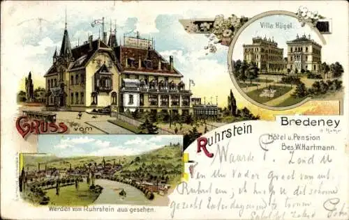 Litho Bredeney Essen im Ruhrgebiet, Villa Hügel, Werden, Blick vom Ruhrstein