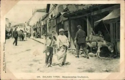 Ak Mazedonien, Balkan Typen, Mazedonisches Straßenbild, Esel, Mazedonier