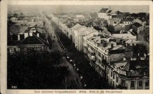 Ak Vilnius Wilna Litauen, Blick in die Georgstraße aus der Vogelschau, Planwagen, Konvoi, I. WK