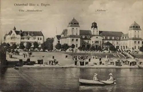 Ak Seebad Binz auf Rügen, Villa Strandschloss, Kurhaus, Strand, Ruderboot