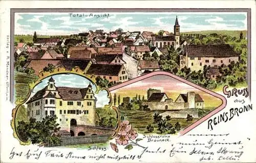 Litho Reinsbronn Creglingen an der Tauber, Totale, Schlossruine Brauneck, Schloss