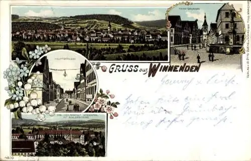 Litho Winnenden Baden Württemberg, Hauptstraße, Marktbrunnen