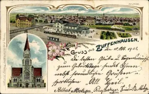 Litho Zuffenhausen Stuttgart in Württemberg, Totalansicht, Kirche