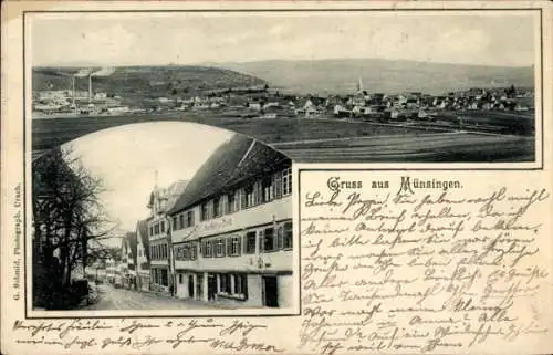 Ak Münsingen in Württemberg, Gasthof zur Post, Blick zum Ort