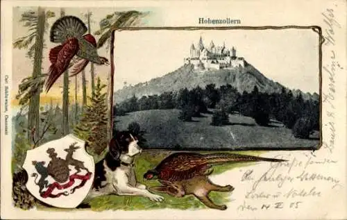 Prägewappen Passepartout Ak Zimmern Bisingen im Zollernalbkreis, Burg Hohenzollern, Jagdhund, Beute