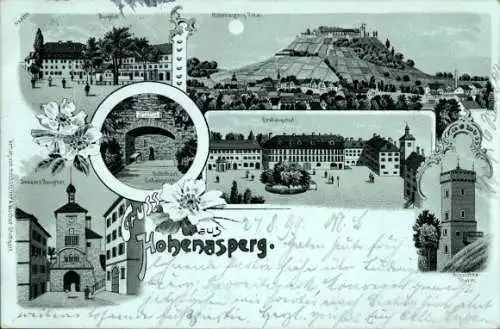 Mondschein Litho Asperg in Württemberg, Festung Hohenaspergm Aussichtsturm, Burgtor, Burghof