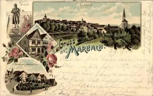 Litho Marbach am Neckar, Schiller Denkmal, Totalansicht, Schillerstraße