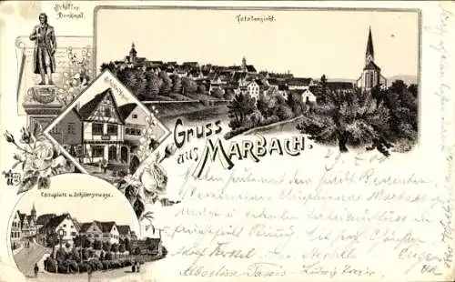 Litho Marbach am Neckar, Schiller Denkmal, Totalansicht, Schillerstraße