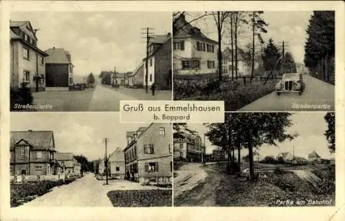 Ak Emmelshausen im Hunsrück, am Bahnhof, Straßenpartien