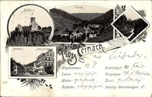 Litho Bad Teinach Zavelstein im Schwarzwald, Badhotel, Hirsch, Panorama, Teinachtal