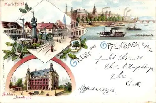 Litho Offenbach am Main Hessen, Raddampfer, Marktplatz, Schloss Isenburg