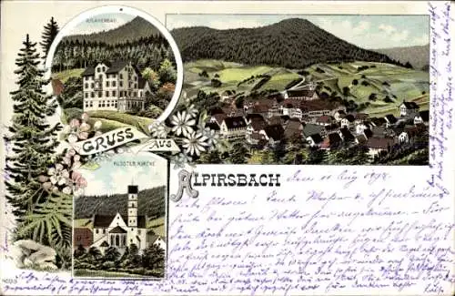 Litho Alpirsbach im Schwarzwald, Panorama vom Ort, Krähenbad, Kloster Kirche