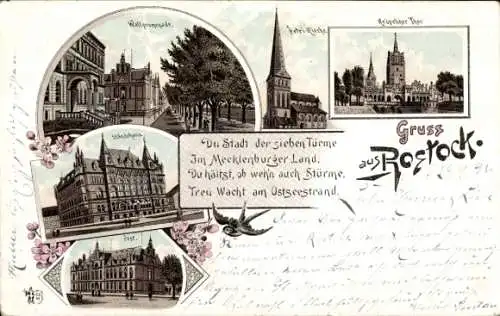 Litho Rostock Mecklenburg Vorpommen, Petri Kirche, Kröpeliner Tor, Wallpromenade, Ständehaus, Post