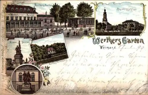 Litho Weimar in Thüringen, Residenzschloss, Kriegerdenkmal, Werthers Garten