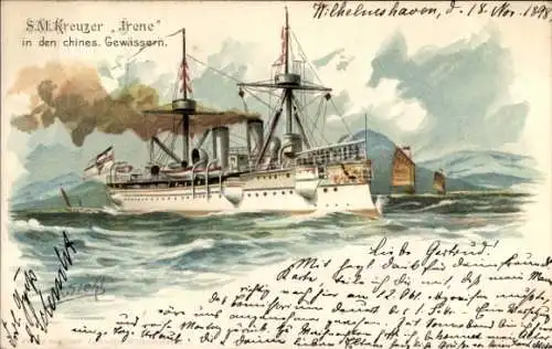 Künstler Litho Siehl, Deutsches Kriegsschiff, SMS Irene, Kreuzer, in den chinesischen Gewässern