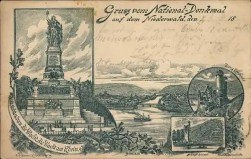 Litho Rüdesheim am Rhein, Niederwald Nationaldenkmal, Burg