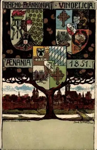 Studentika Künstler Litho Spiegel, F., München, Aenania Vindelicia Rheno Frankonia, Wappen