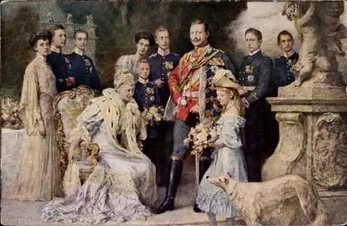 Künstler Ak Keller, F., Kaiserhaus, Wilhelm II, Kaiserin Auguste Viktoria, Kronprinz, Windhund