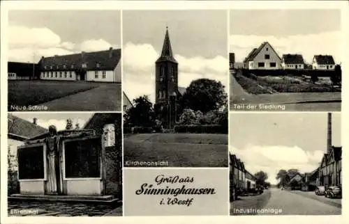 Ak Sünninghausen Oelde im Münsterland, Neue Schule, Ehrenmal, Kirche, Siedlung, Industrieanlage