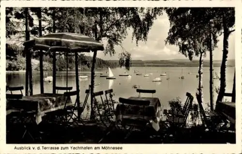 Ak Möhnesee in Westfalen, Möhnetalsperre, Cafe Restaurant Seeblick, Terrasse, Yachthafen