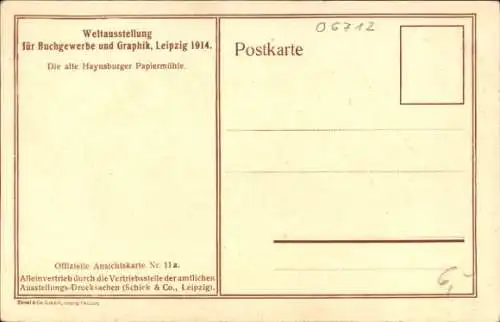 Ak Leipzig in Sachsen, Weltausstellung für Buchgewerbe und Graphik 1914, Haynsbuger Papiermühle