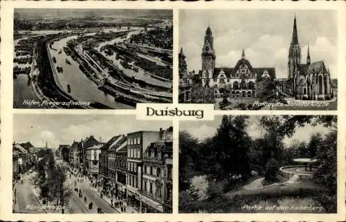 Ak Duisburg im Ruhrgebiet, Häfen, Fliegeraufnahme, Rathaus, Salvatorkirche, Königstraße, Kaiserberg