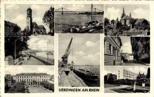 Ak Uerdingen Krefeld am Niederrhein, Teilansichten, Kran, Brücke, Kirche, Schiffe, Brunnen