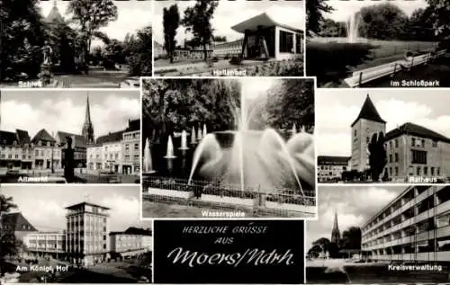 Ak Moers am Niederrhein, Wasserspiele, Hallenbad, Schlosspark, Schloss, Altmarkt, Kreisverwaltung