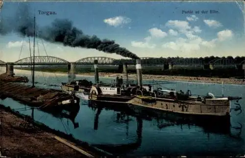 Ak Torgau an der Elbe, Brücke, Dampfschiff