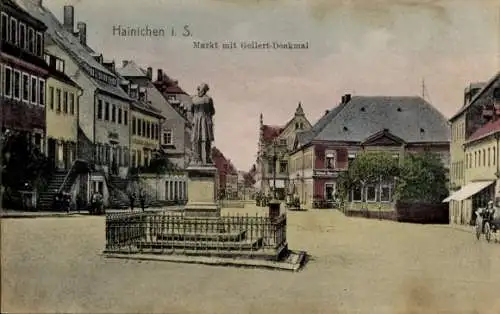 Ak Hainichen in Sachsen, Markt, Gellert-Denkmal