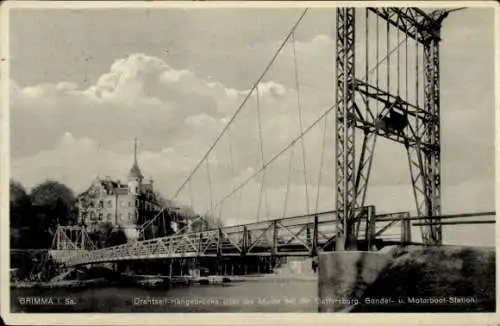 Ak Grimma in Sachsen, Drahtseil-Hängebrücke, Gattersburg, Gondel- und Motorboot-Station