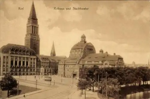 Ak Kiel, Handelshafen, Rathaus, Stadttheater, Straßenbahn