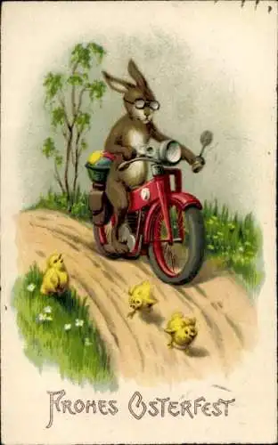 Ak Glückwunsch Ostern, Osterhase auf Motorrad, Küken