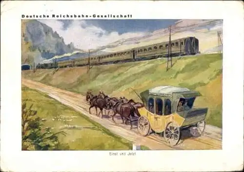 Künstler Ak Deutsche Reichsbahngesellschaft, Einst und jetzt, Postkutsche, Eisenbahn