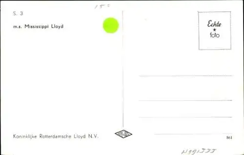 Ak MS Mississippi Lloyd, Koninklijke Rotterdamsche Lloyd, KRL, Frachtschiff