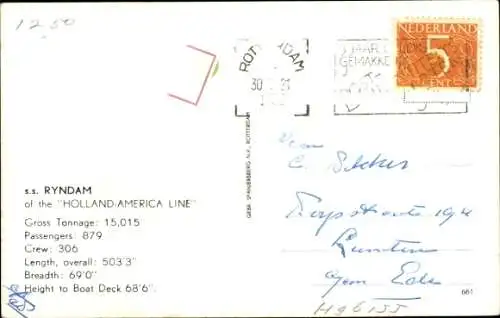 Ak Dampfschiff SS Ryndam, Holland-America Line, HAL