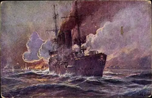 Künstler Ak Stöwer, Willy, SMS Emden beschießt Madras, Kreuzer, Kaiserliche Marine, I. WK