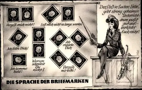 Briefmarken Ak Sprache der Briefmarken, Frau in Uniform, Lass mich nicht so lange warten