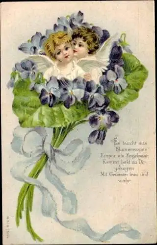 Ak Es taucht aus Blütenwogen empor ein Engelpaar, Veilchenstrauß, Schleife