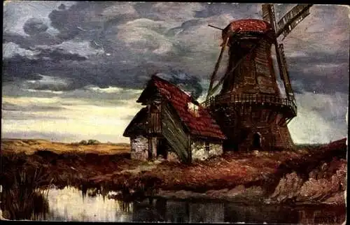 Künstler Ak Schulze, Hans, R., Blick auf eine Windmühle, Teich, Wolken