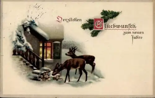 Litho Fröhliches Neujahr, Zwei Rehe vor einem Haus, Schnee, Feuerholz