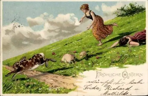 Künstler Litho Mailick, Glückwunsch Ostern, Hase, Frauen, Wiese 