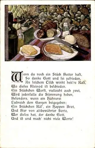 Gedicht Ak Stillleben mit Essen, Gurke, Butter, Käse, Ei, Wurst, Salz, Brot