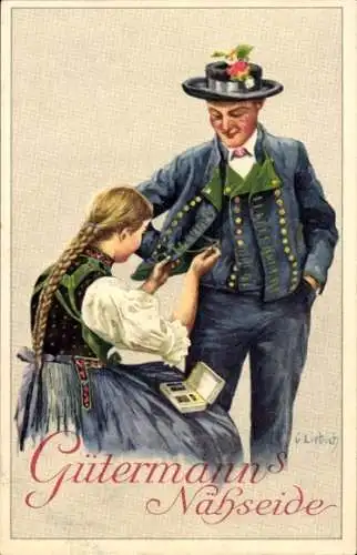 Künstler Ak Liebich, Gütermann's Nähseide, Reklame, Mann und Frau in Trachten