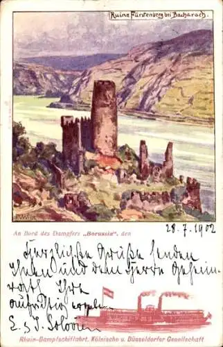 Künstler Ak Wille, F. v., Bacharach am Rhein, Ruine Fürstenberg, Dampfer Wilhelm, Kaiser und König